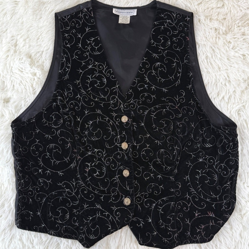 Vintage Petite Impressions Velvet Vest Medium Black Silver Swirls Gold Buttons
